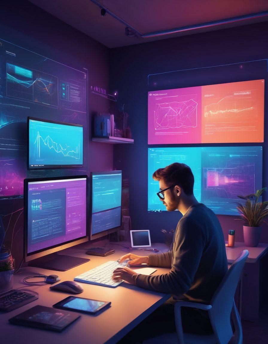 A vivid illustration of a skilled web developer designing a dynamic web application interface, showcasing interactive elements connected with colorful jsPlumb lines. The scene includes multiple screens displaying various components such as graphs, buttons, and draggable items, emphasizing user engagement. Include a bright, tech-inspired workspace filled with coding books and inspirational tech posters. super-realistic. vibrant colors. 3D.