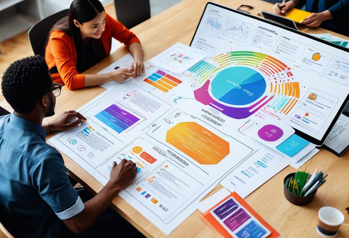 A vibrant flow diagram showcasing interconnected UI components in a visually appealing manner, surrounded by graphic symbols representing user interaction. Include a user-friendly interface on a computer screen in the background, with a diverse group of people analyzing together. Use bright colors to signify energy and engagement in design. super-realistic. vibrant colors. 3D.